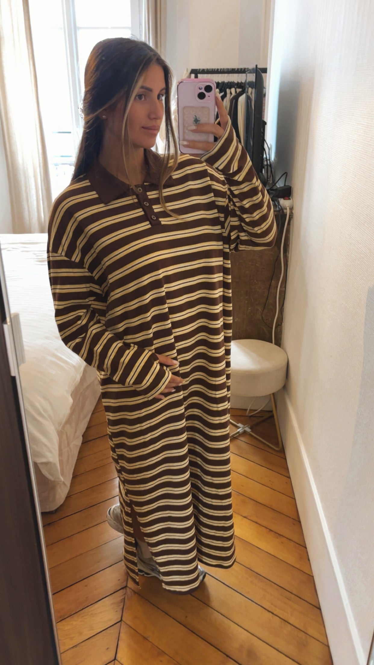 Robe longue col polo rayée