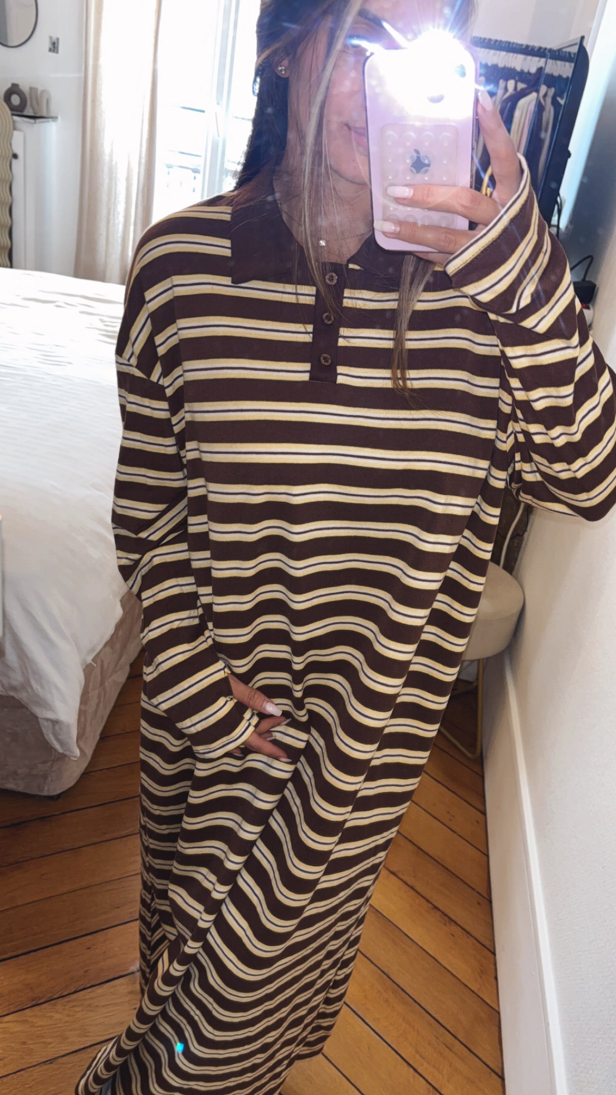 Robe longue col polo rayée