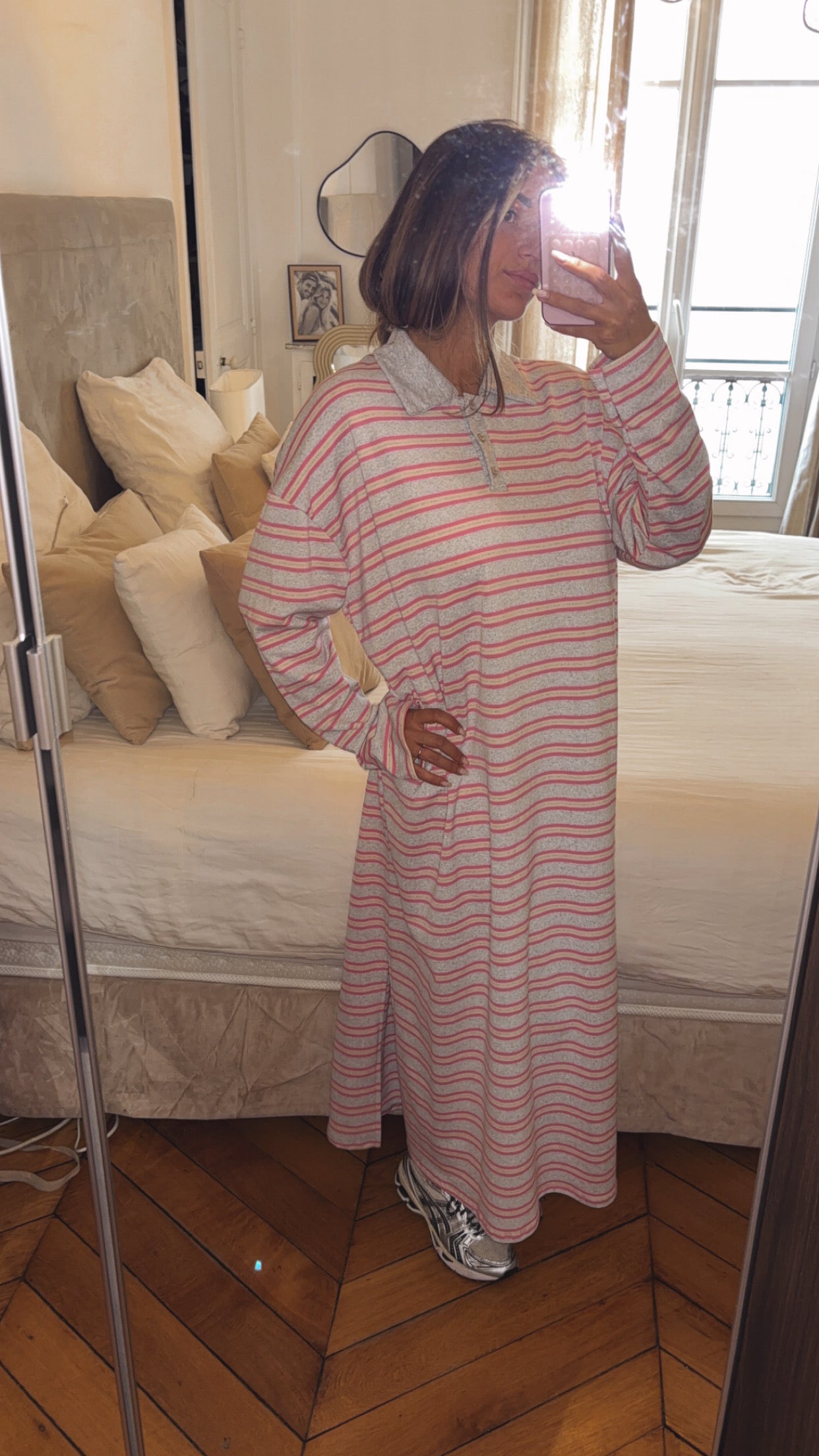 Robe longue col polo rayée