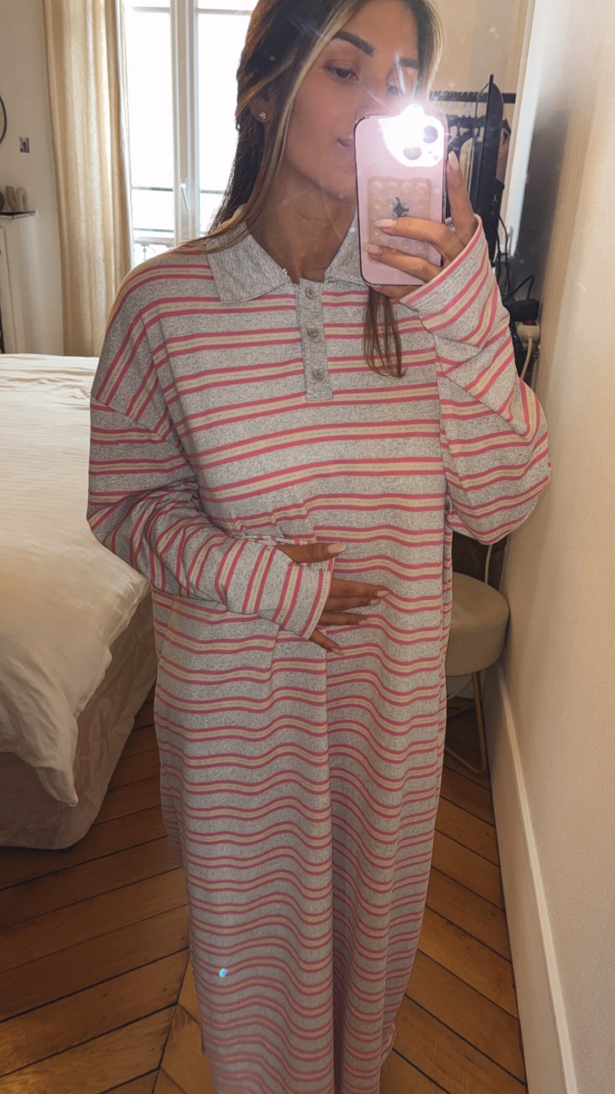 Robe longue col polo rayée